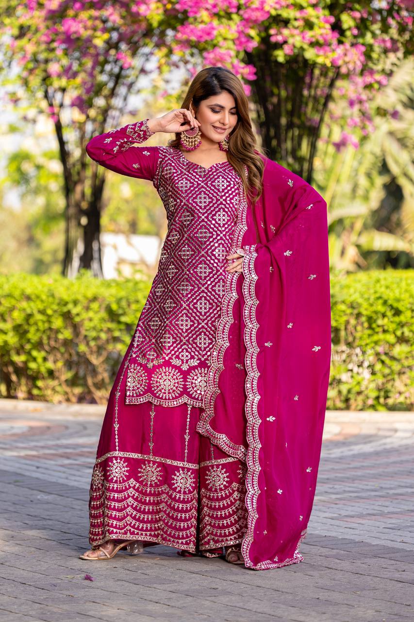 Pink color chinon sharara suit for women
