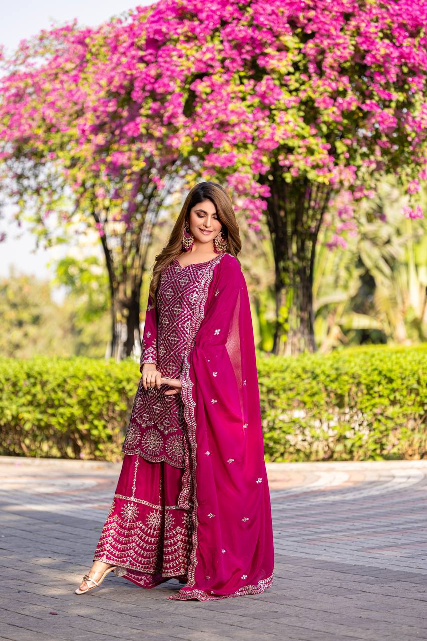 Pink color chinon sharara suit with dupatta online 
