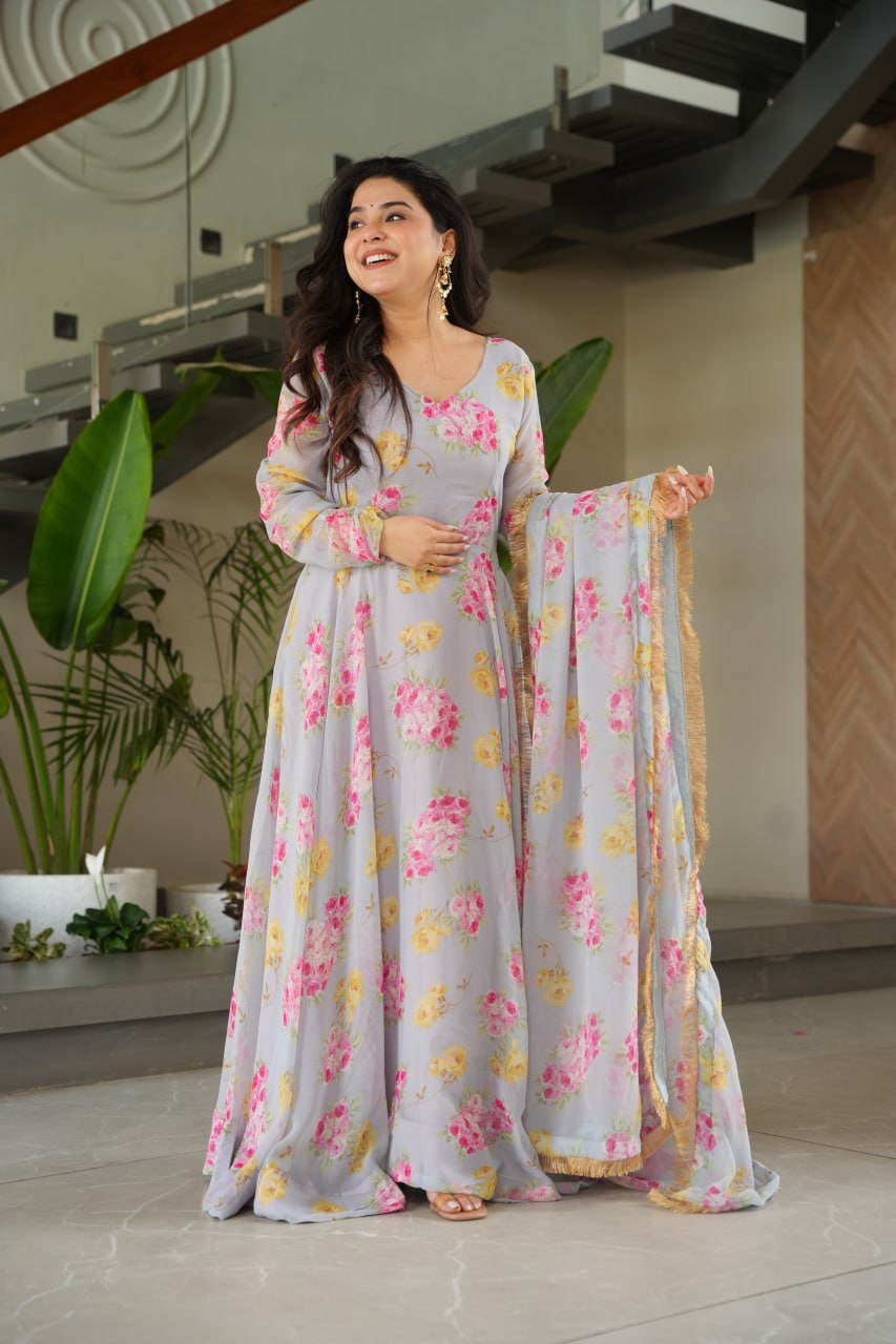 Grey color georgette printed gown with dupatta 