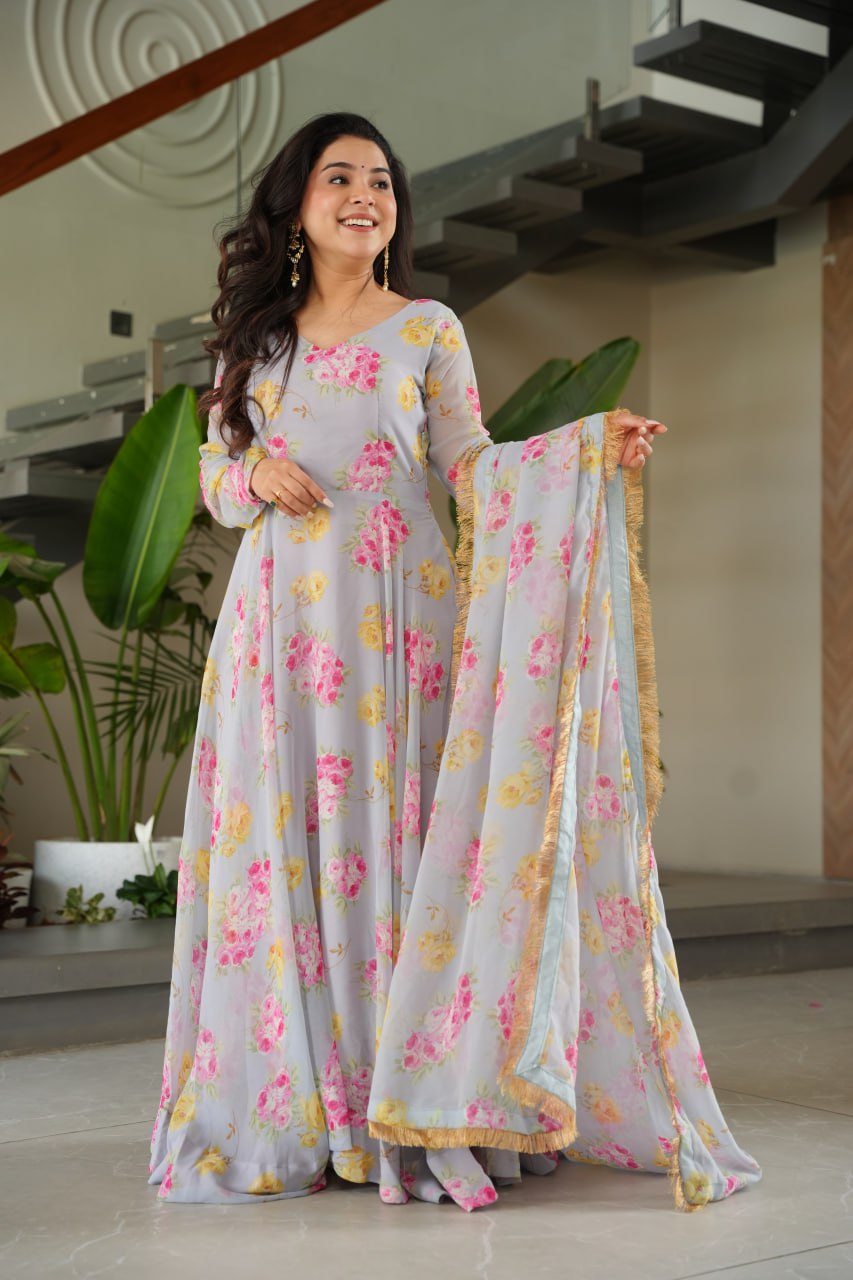 Grey color georgette printed gown with dupatta price