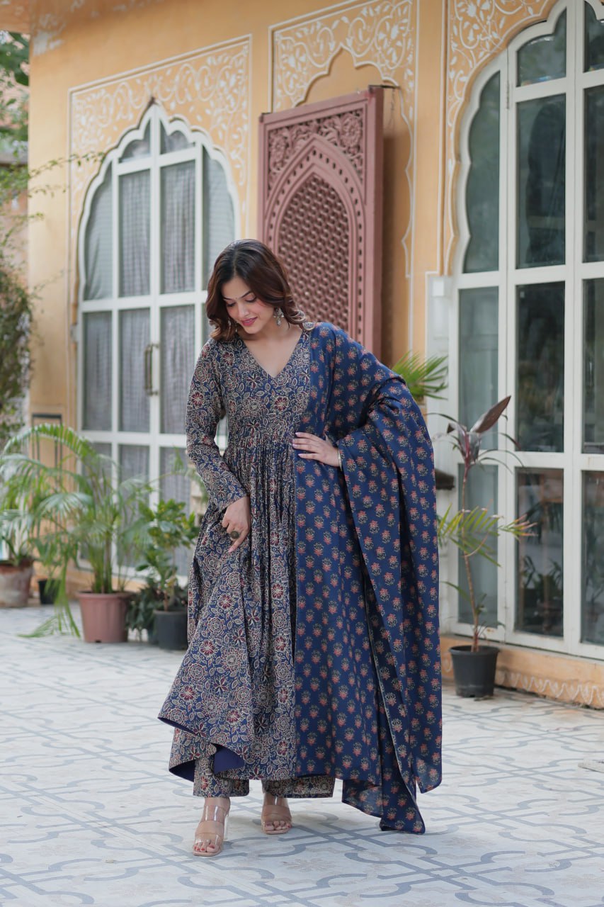 Blue color cotton sharara suit with dupatta online