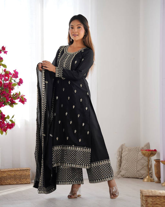 Black color chinon silk sharara suit with dupatta