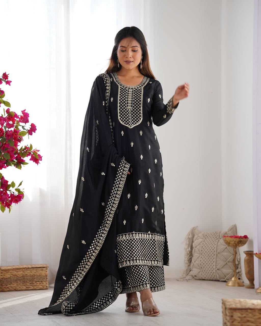 Black color chinon silk sharara suit with dupatta online