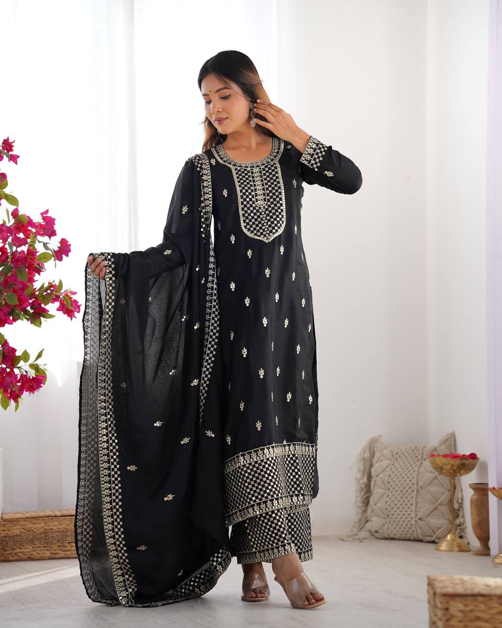 Black color chinon silk sharara suit with dupatta price