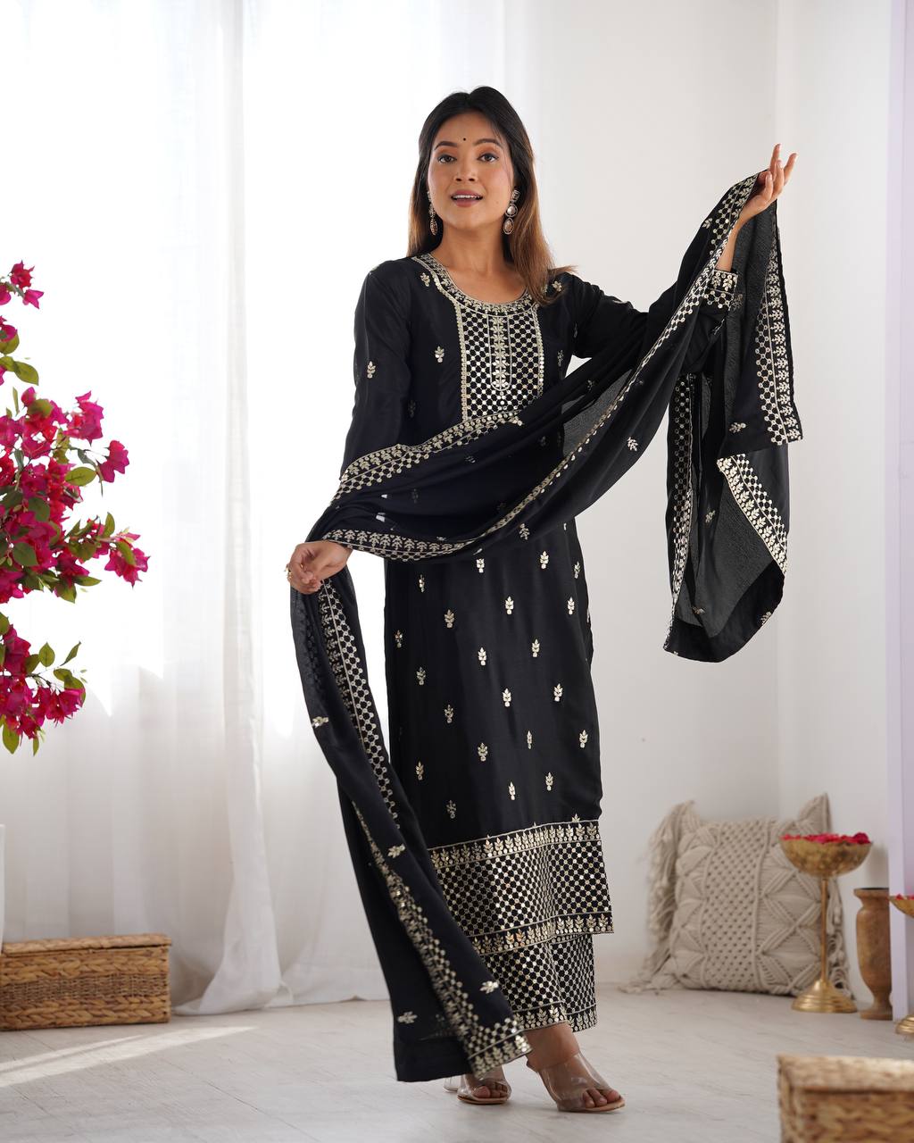 Black chinon silk sharara suit online shopping