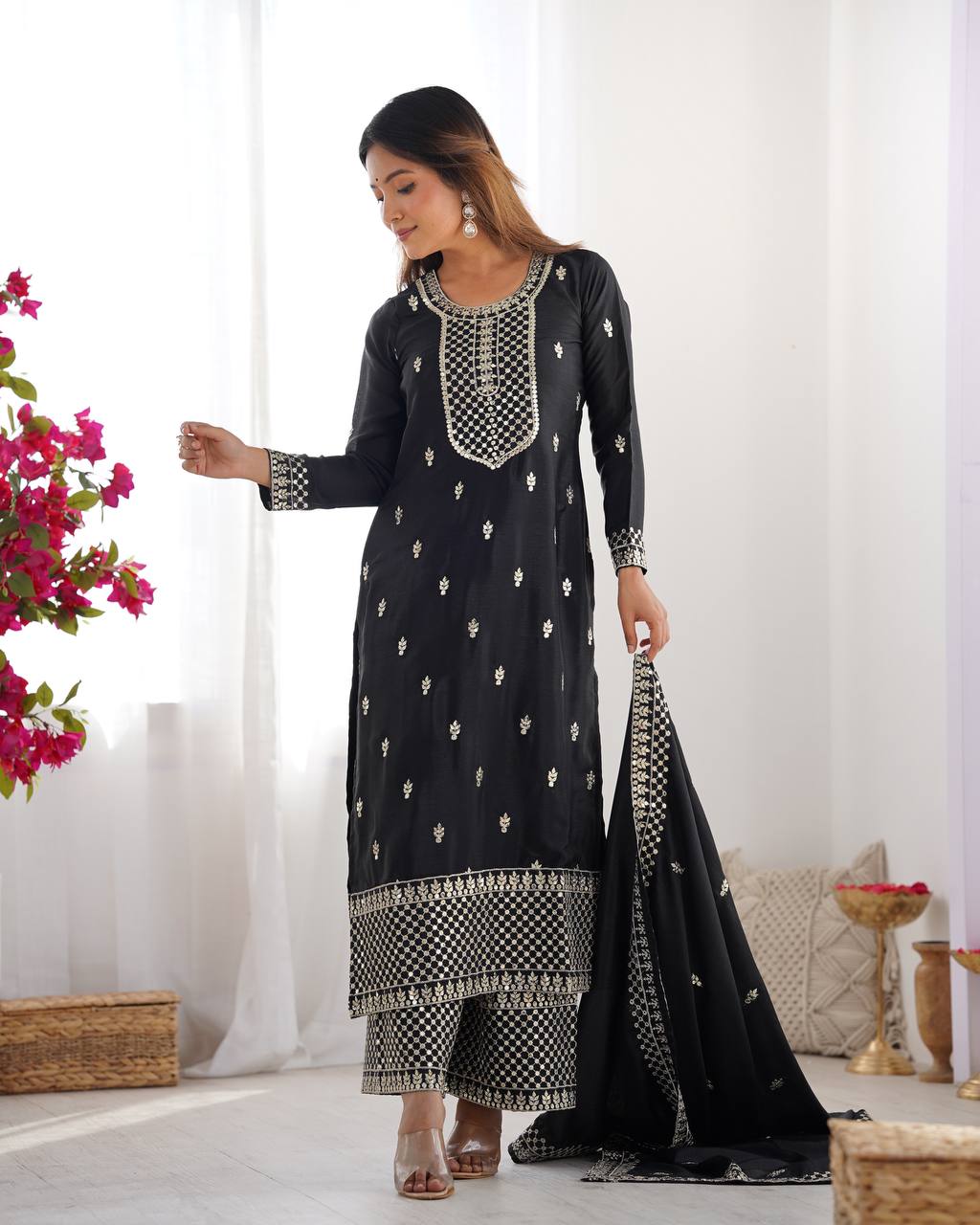 Black color chinon silk sharara suit with dupatta 