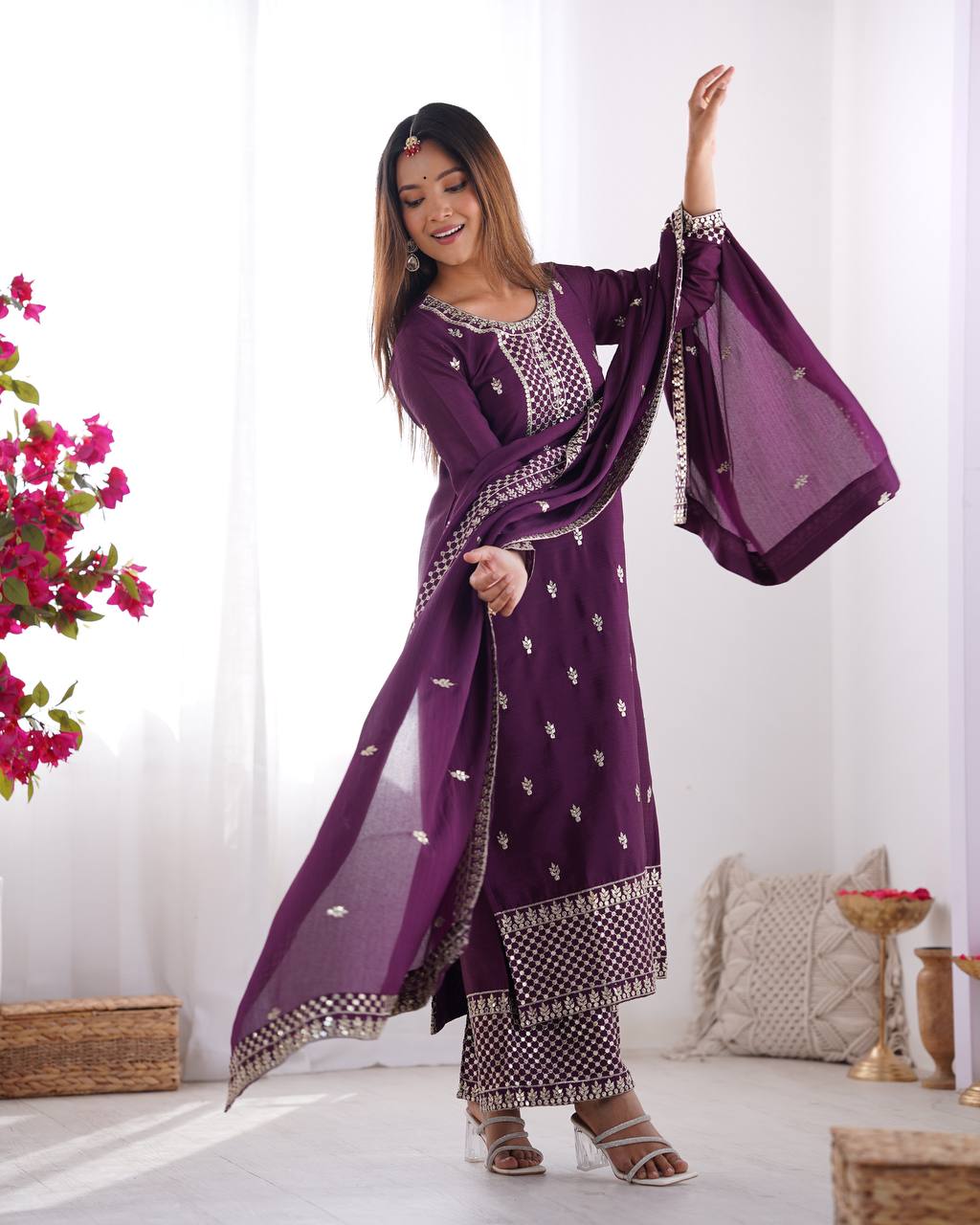 Wine color chinon silk sharara suit for women with dupatta
