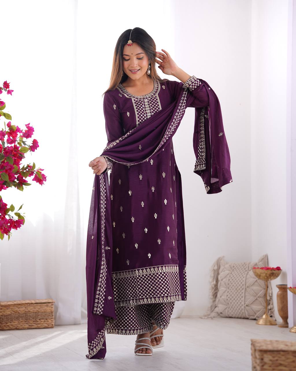 Wine color chinon silk plazzo suit for women
