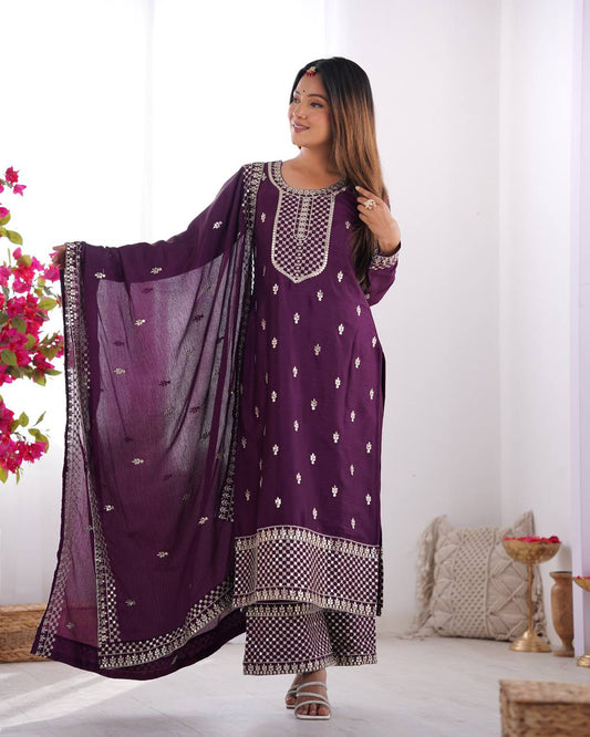 Wine color chinon silk plazzo suit