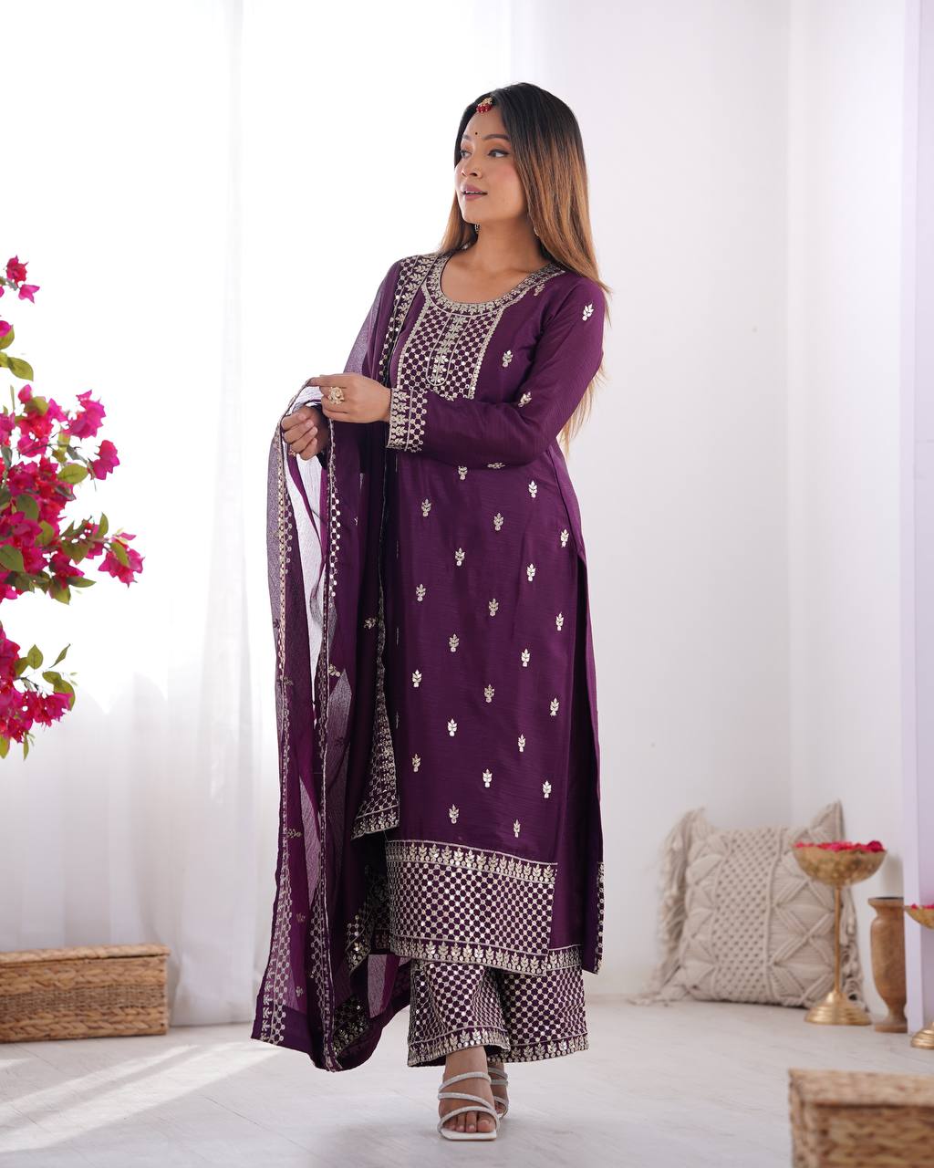 Wine color chinon silk sharara suit online