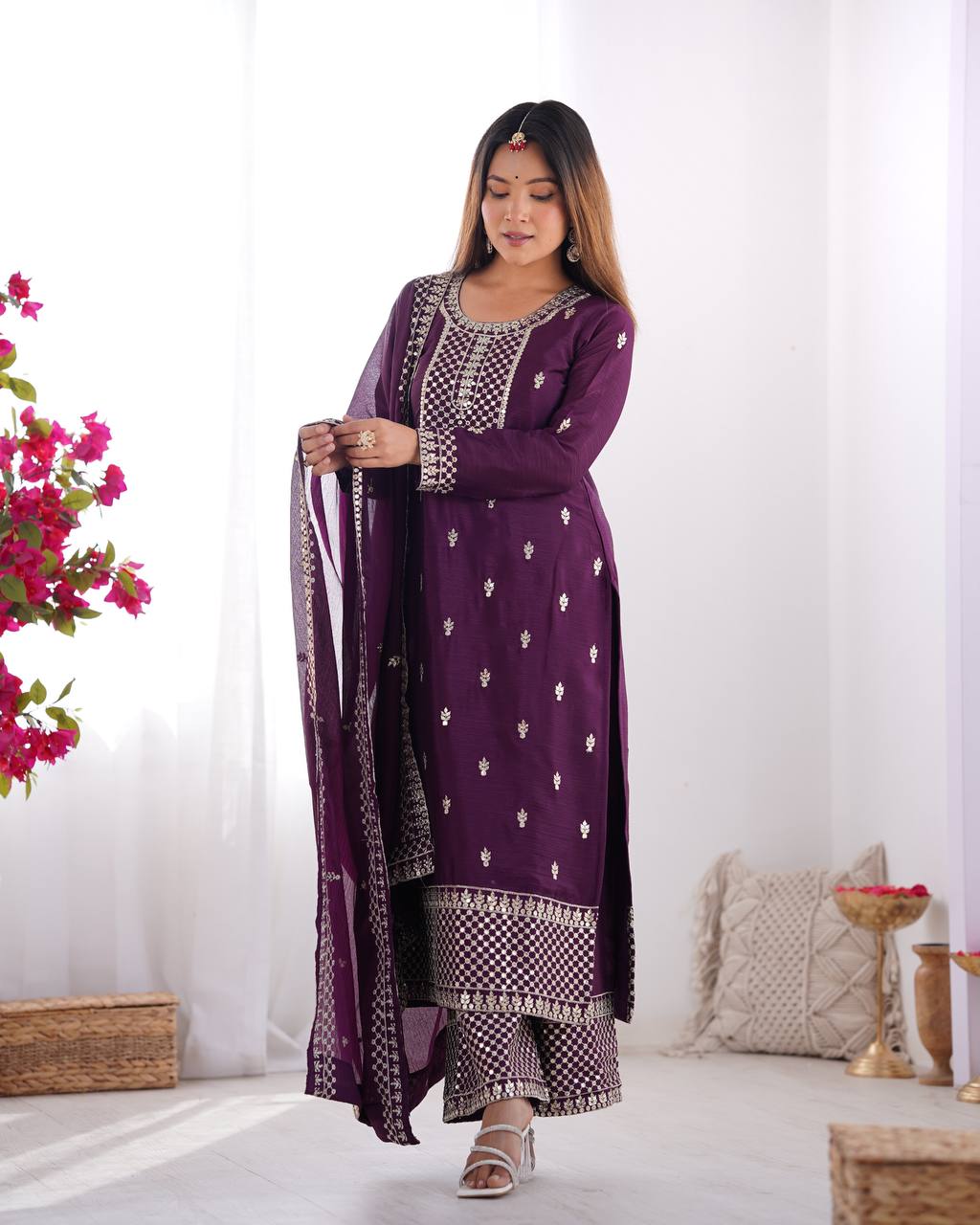 Wine color chinon silk sharara suit price