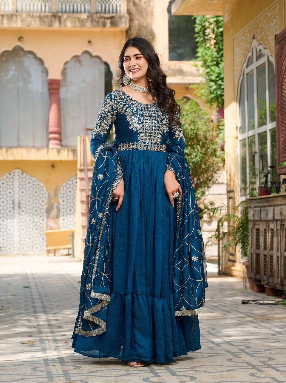 Teal color vichitra silk gown for wedding