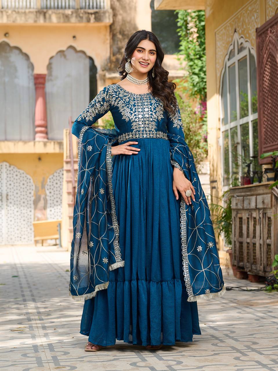 Teal color vichitra silk gown for women
