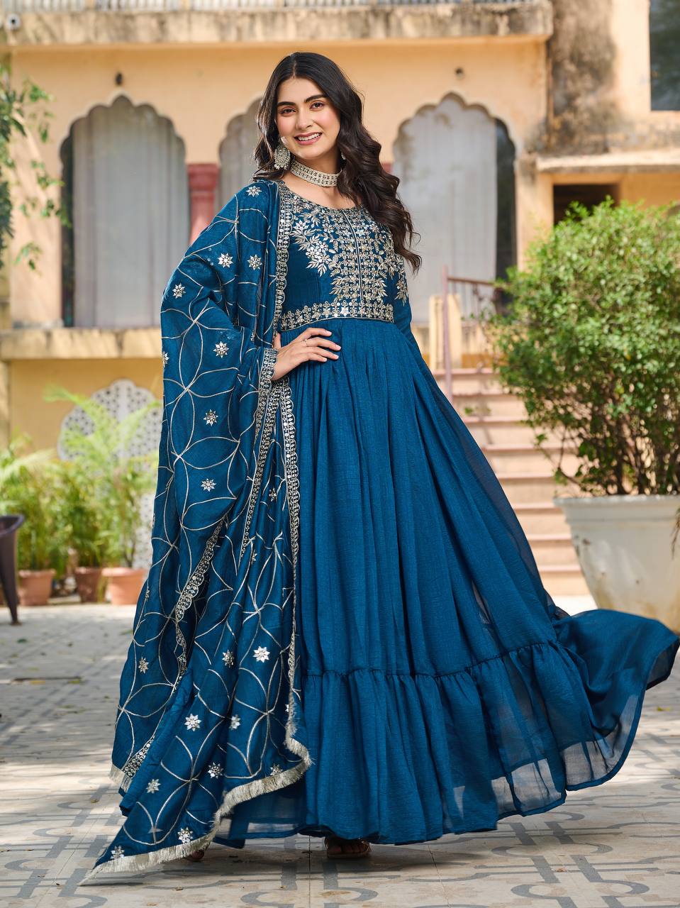 Teal color vichitra silk gown with dupatta images