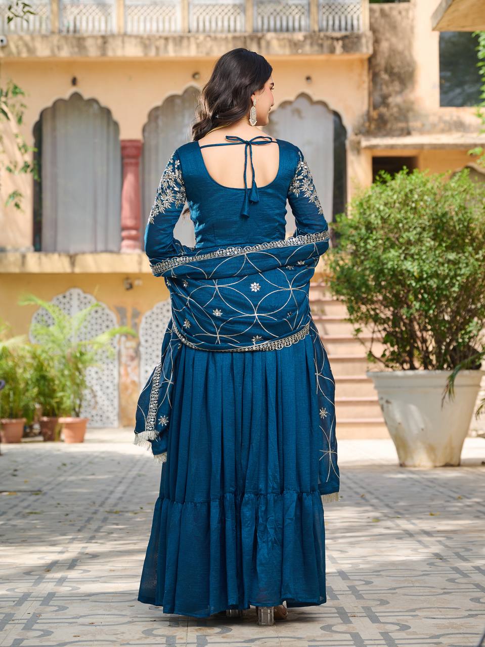 Teal color vichitra silk gown with dupatta online shopping