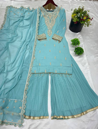 Sky color georgette sharara suit for women