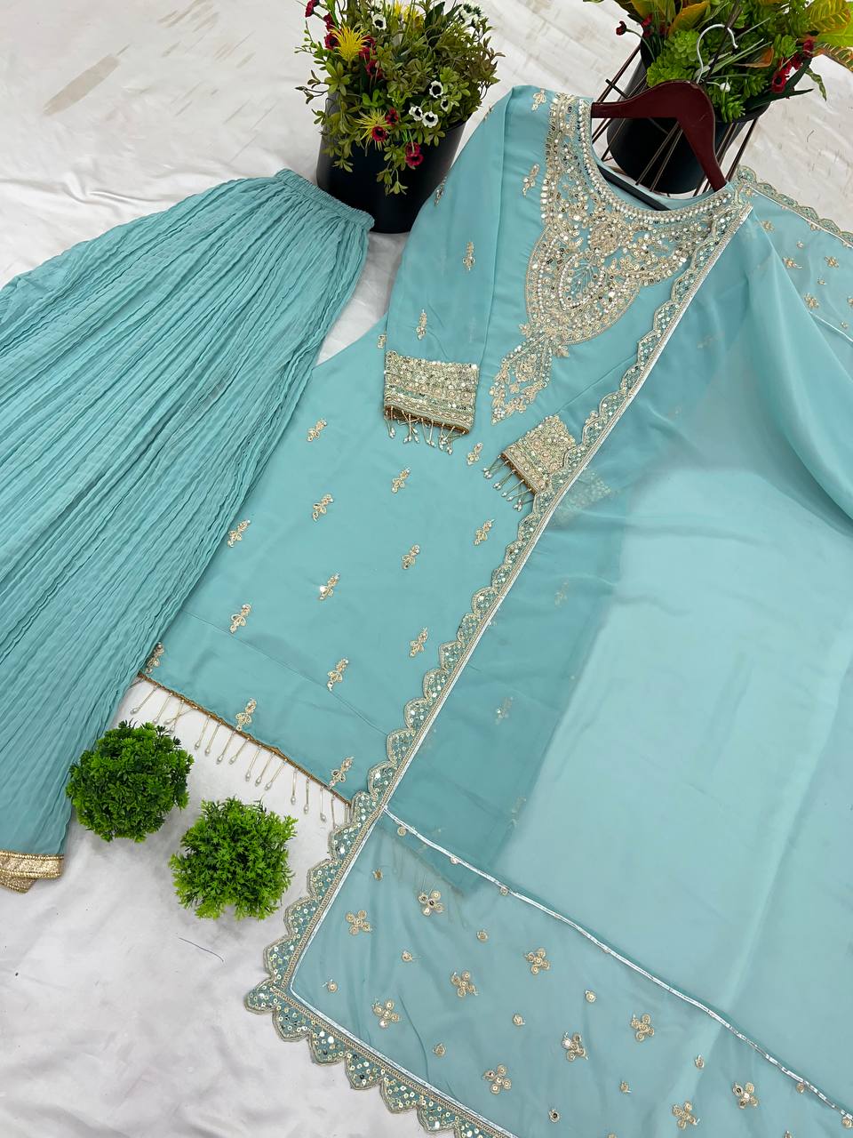 Sky color georgette sharara suit with dupatta online