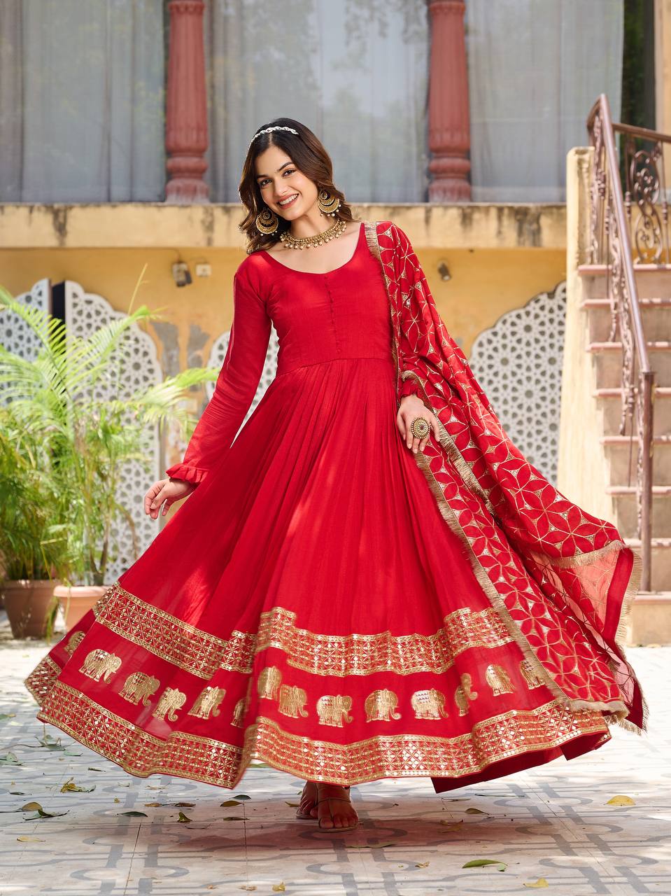 Red color vichitra silk gown for women