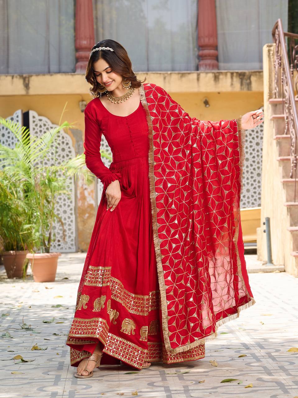 Red color vichitra silk gown with dupatta price