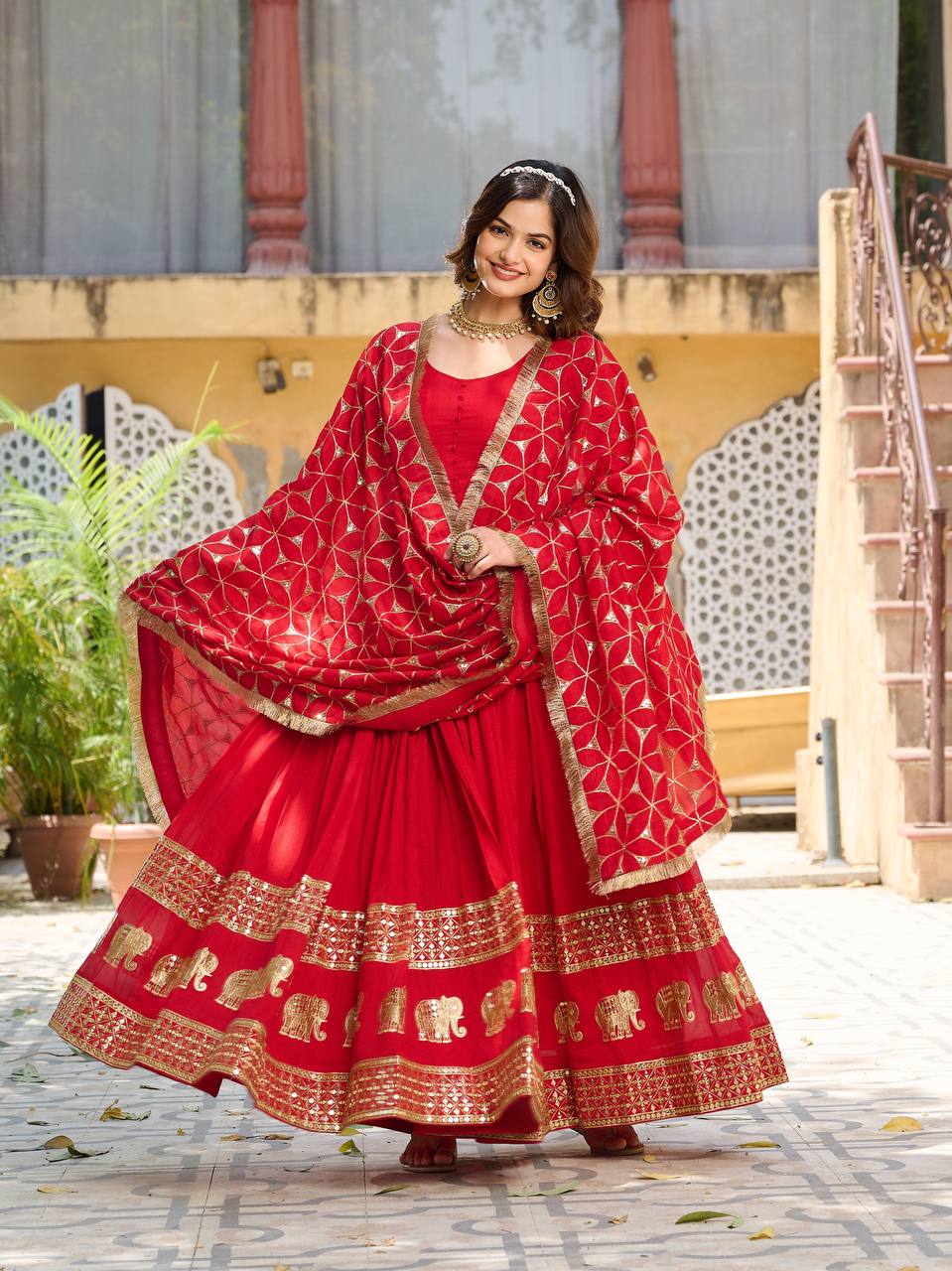 Red color vichitra silk gown with dupatta online