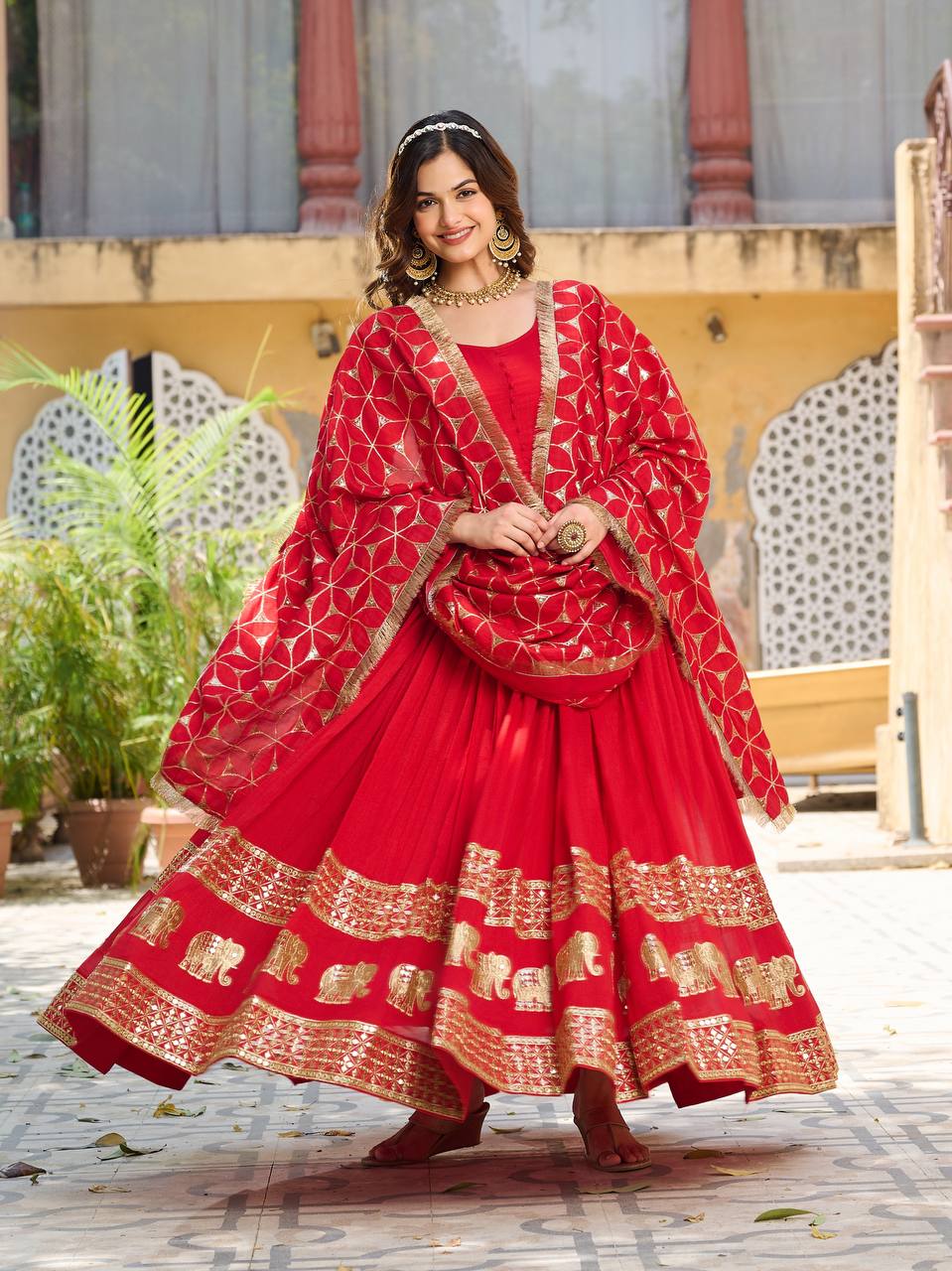 Red color vichitra silk gown with dupatta images