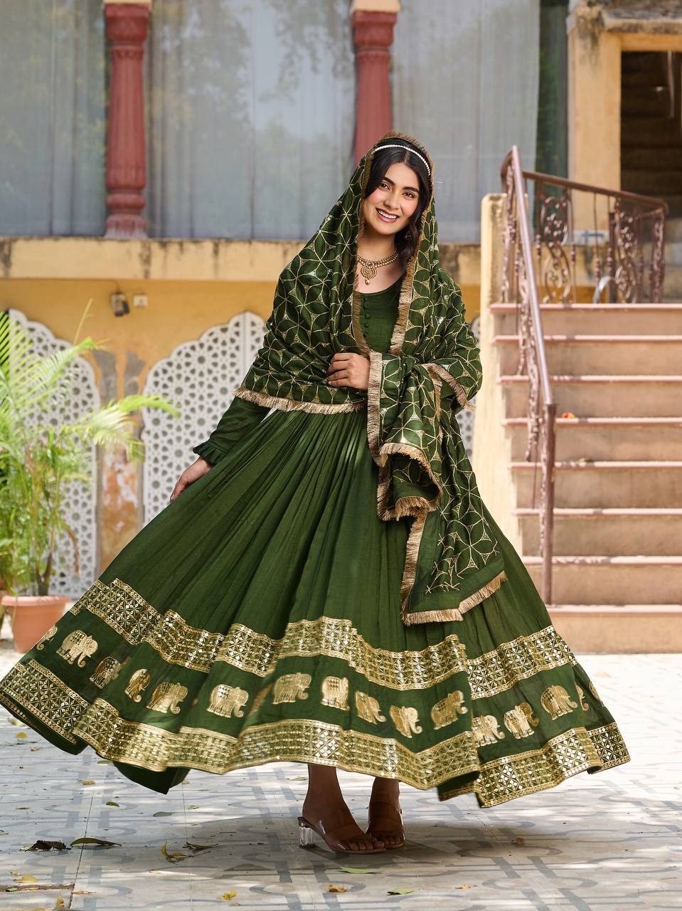 Green color vichitra silk gown with dupatta online