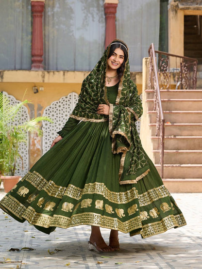 Green color vichitra silk gown with dupatta online