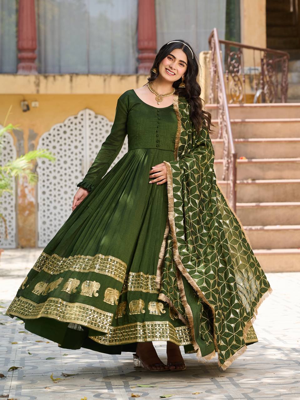 Green color vichitra silk gown with dupatta price