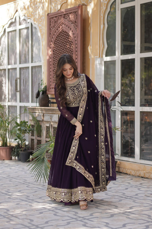 Purple color faux blooming gown for wedding