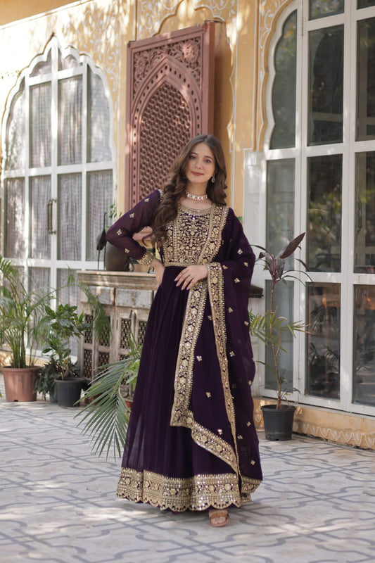 Purple color faux blooming gown for women
