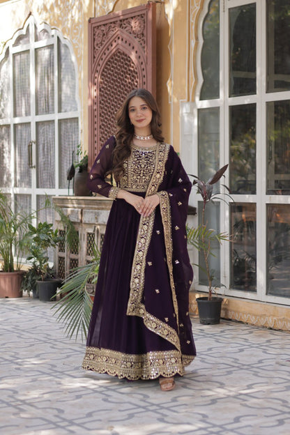 Purple color faux blooming gown with dupatta price