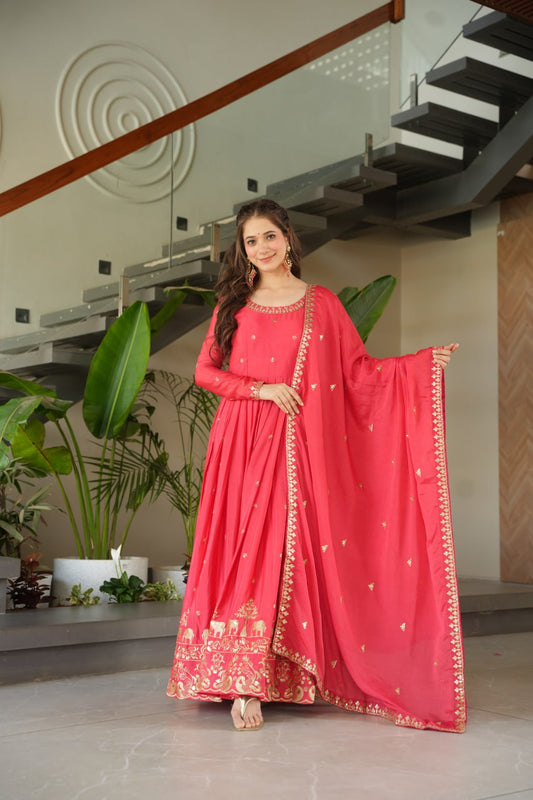 Peach color chinon gown for women