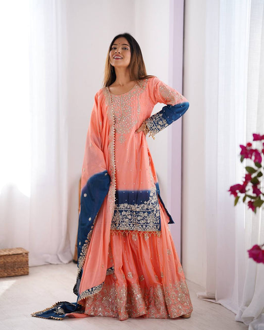 Peach color chinon silk sharara suit for women