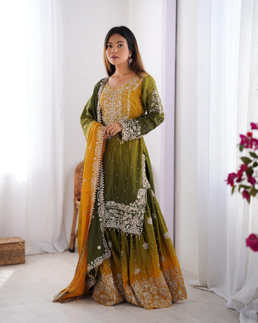 Green color chinon silk sharara suit for women