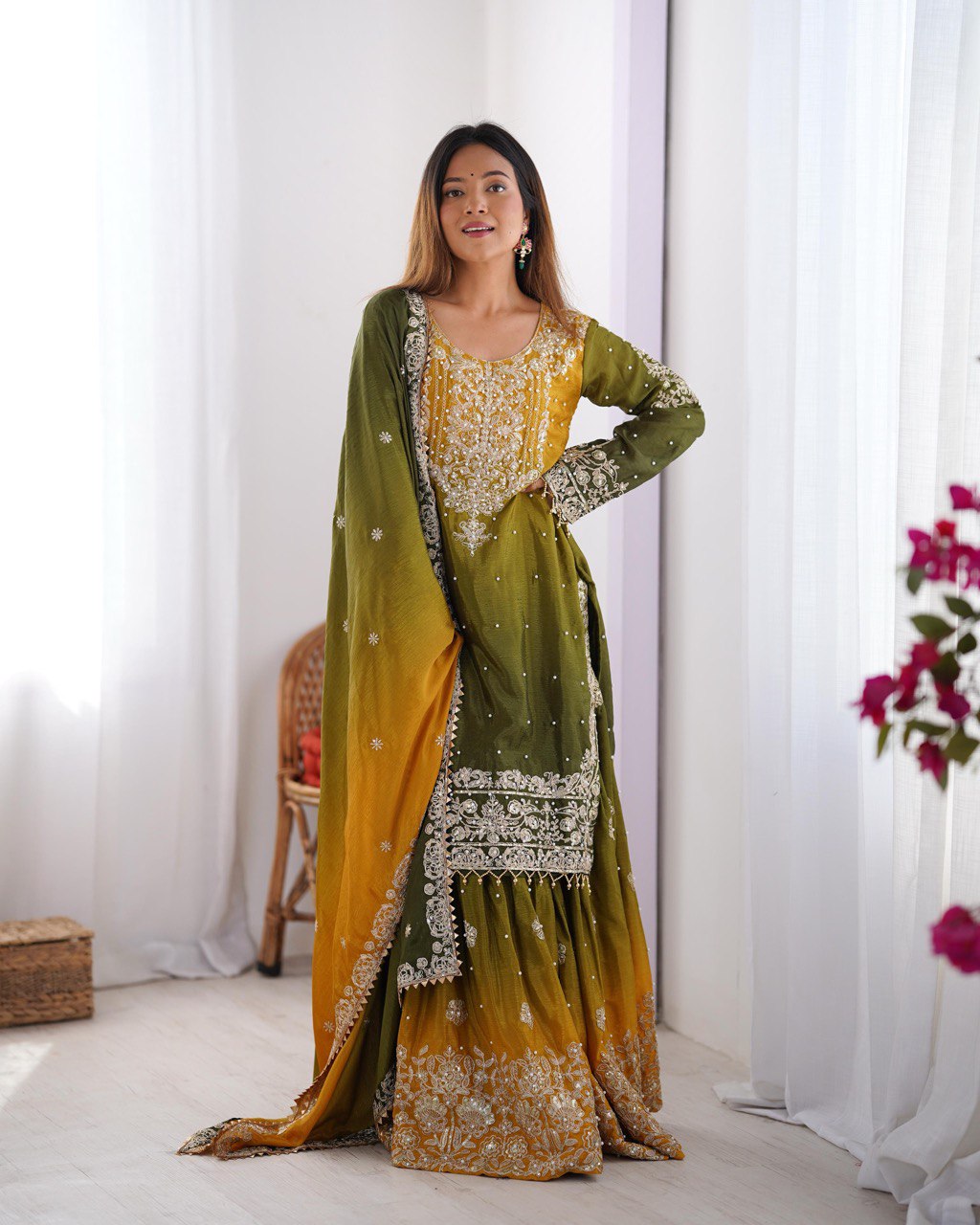 Green color chinon silk sharara suit with dupatta price