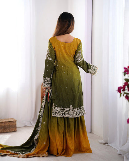 Green color chinon silk sharara suit for party