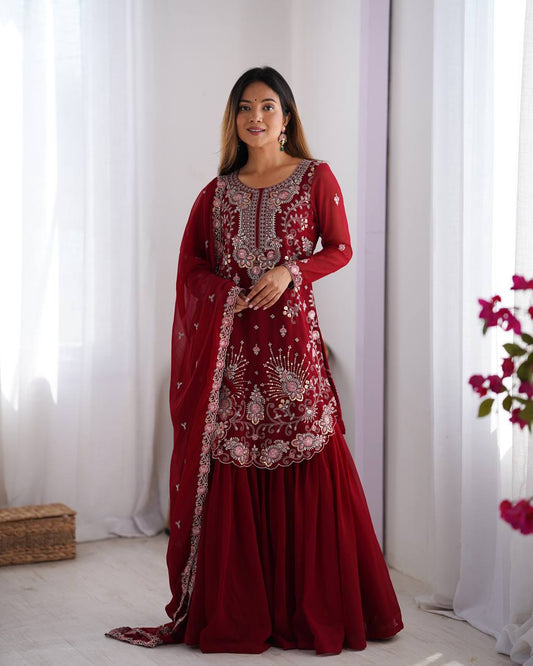 Red color georgette sharara suit for women