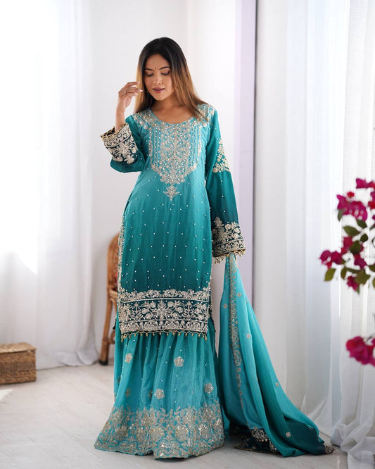 Sky color chinon silk sharara suit for women
