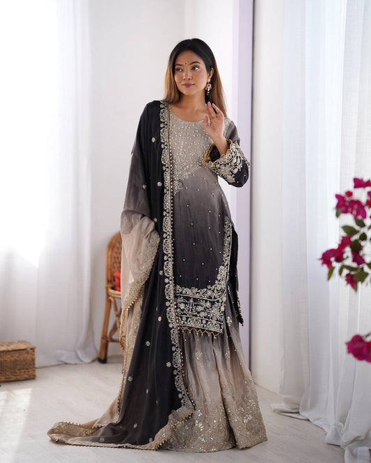 Black color chinon silk sharara suit for women