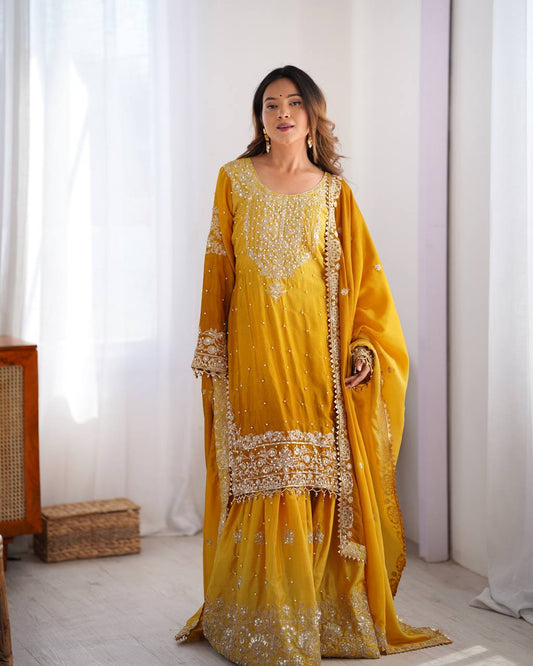 Yellow color chinon silk sharara suit for women