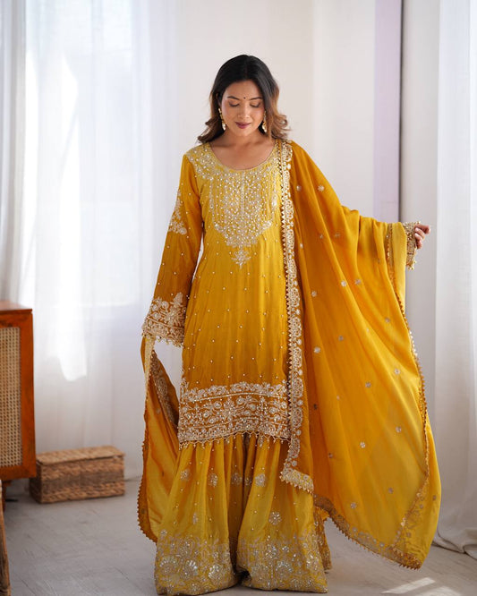Yellow color chinon silk sharara suit for wedding