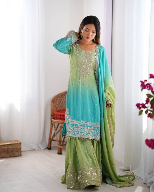 Rama color chinon silk sharara suit with dupatta 