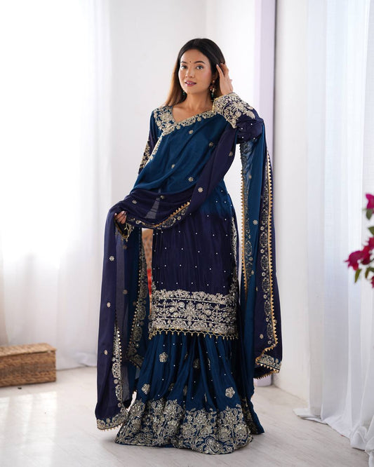 Blue color chinon silk sharara suit for women