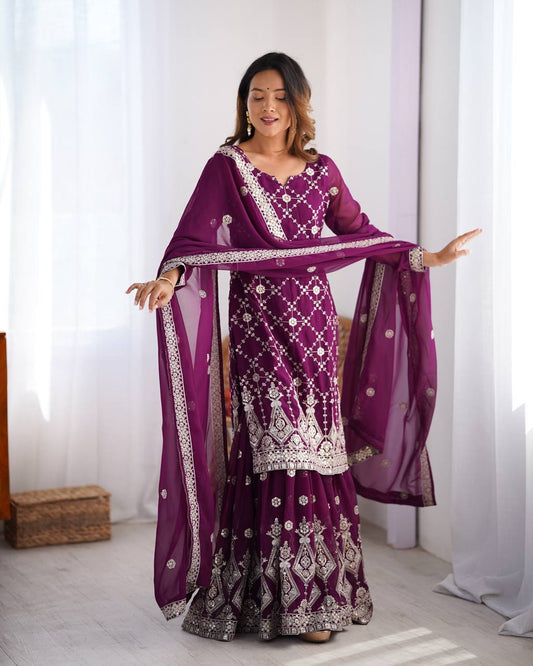 Purple color chinon silk sharara suit for women