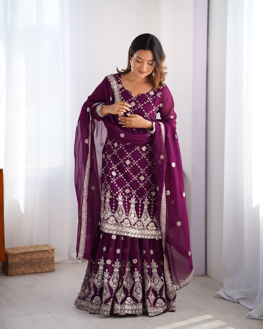 Purple color chinon silk sharara suit with dupatta price
