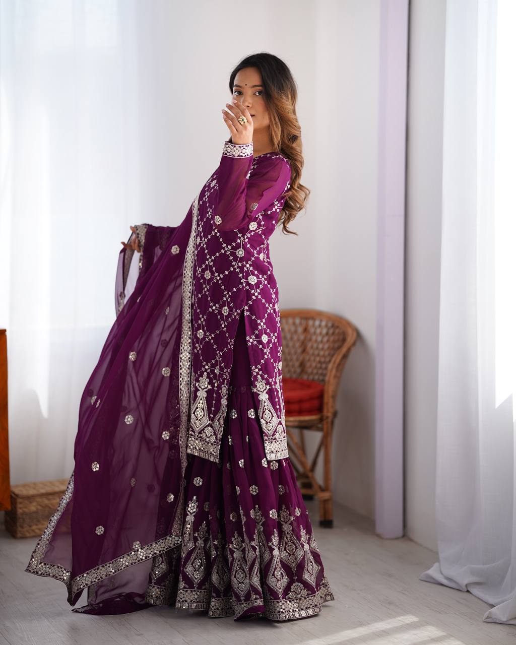 Purple color chinon silk sharara suit with dupatta images