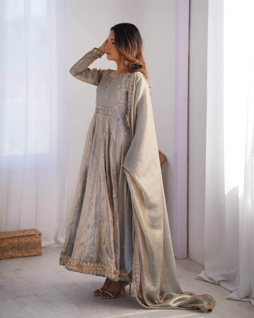 Grey color fandy silk gown with dupatta online