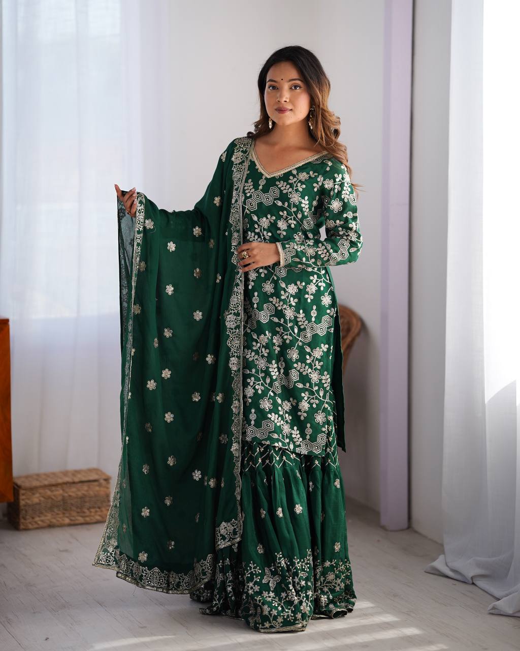 Green color chinon silk sharara suit for wedding