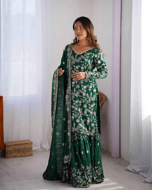 Green color chinon silk sharara suit for women