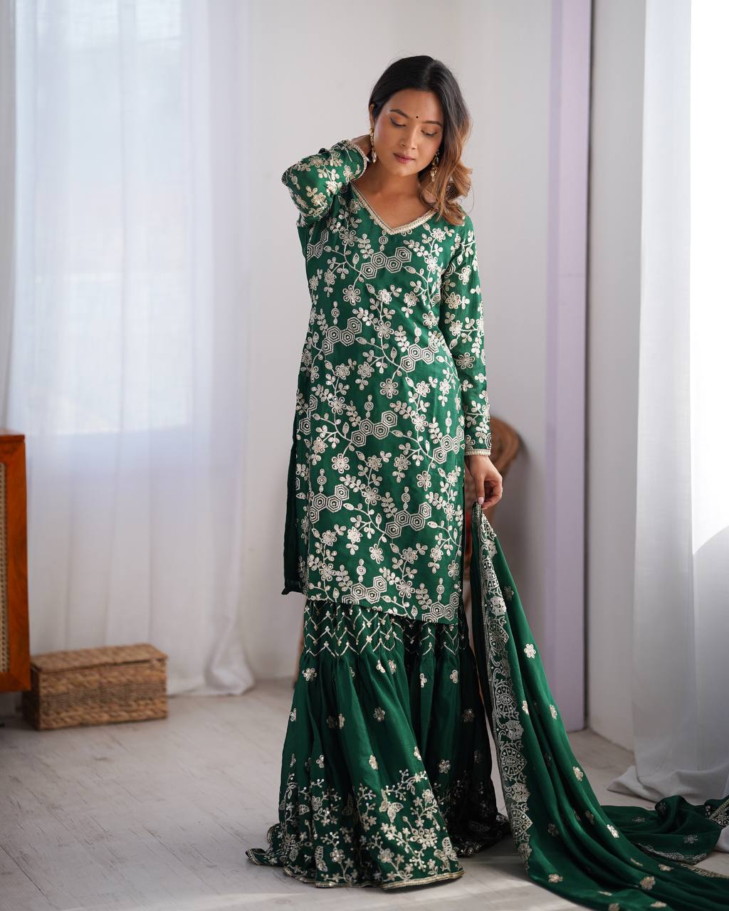 Green color chinon silk sharara suit with dupatta online shopping